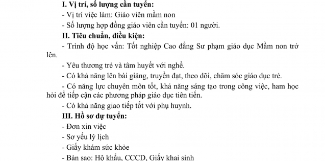 THÔNG BÁO TUYỂN DỤNG GIÁO VIÊN MẦM NON